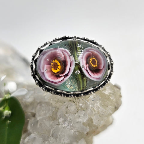 Peonies Art Glass Sterling Nouveau Ring