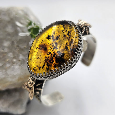 Baltic Amber, Bees & Honeycomb Sterling Cuff - Shape Of Fire Jewelry Australia