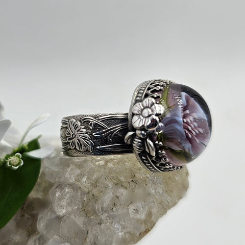 Art Glass Lilac Peony Sterling Ring - Shape Of Fire Jewelry Australia