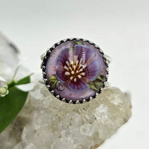 Art Glass Fuschia Peony Sterling Ring - Shape Of Fire Jewelry Australia