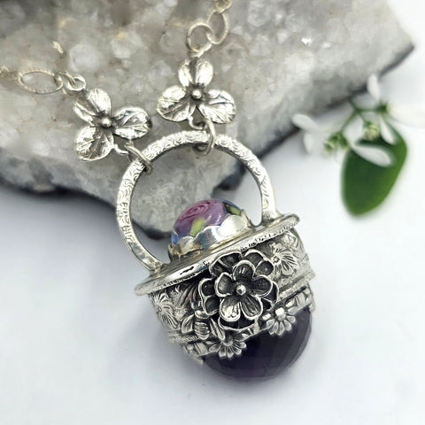 Faceted Amethyst & Glass Sterling Cage Necklace - Shape Of Fire Jewelry Australia