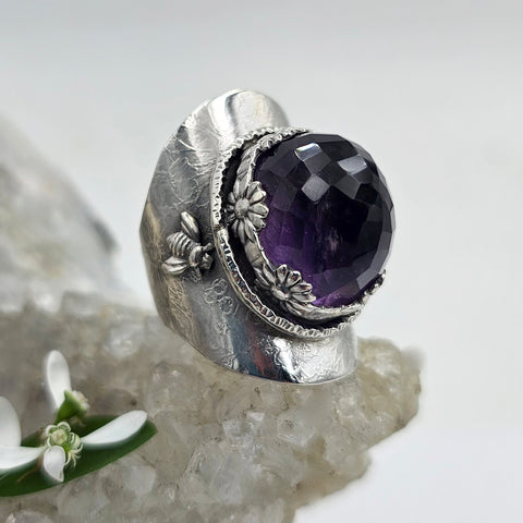 Faceted Amethyst & Bees Sterling Saddle Ring - Shape Of Fire Jewelry Australia